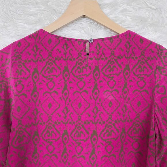 Ellie Kai Pure Silk Peasant Blouse Pink Brown Ikat 3/4 Sleeve Womens 00 XXS - Picture 5 of 7
